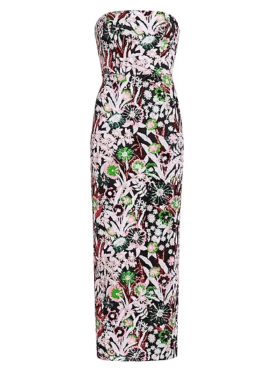 Orion Pink Wildflower Sequined Strapless Gown