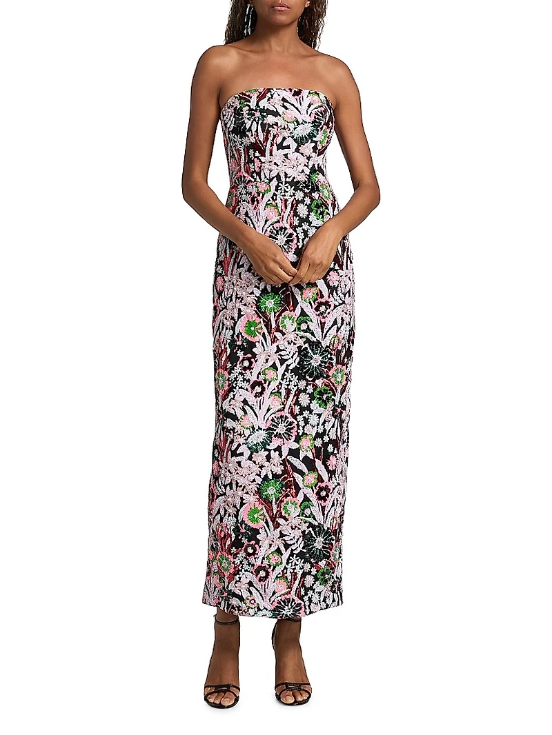 Orion Pink Wildflower Sequined Strapless Gown