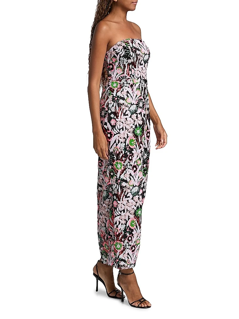 Orion Pink Wildflower Sequined Strapless Gown