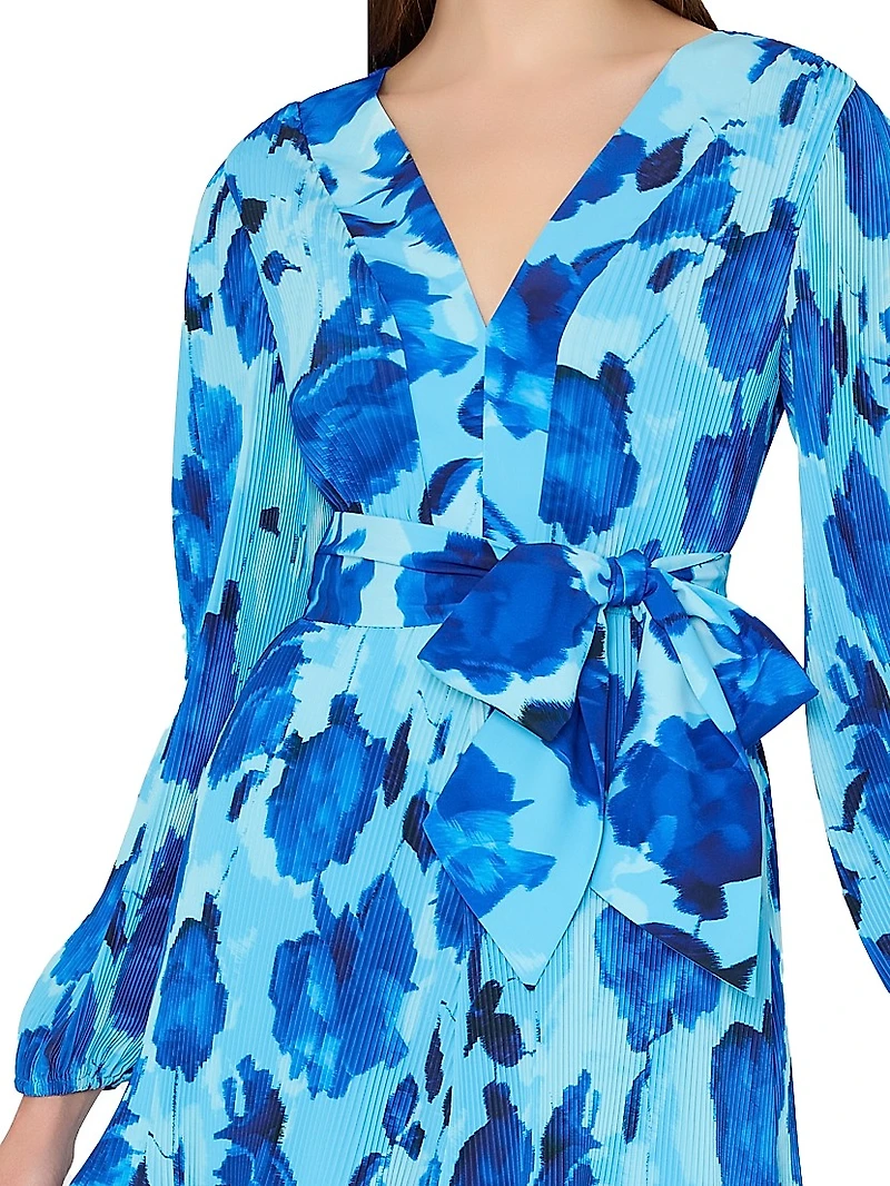 Liv Blurred Blossom Pleated V-Neck Minidress