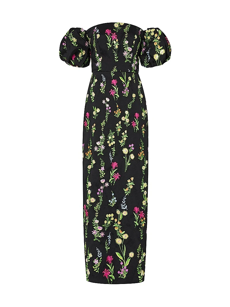 Nira Bloom Floral-Embroidered Off-The-Shoulder Maxi Dress