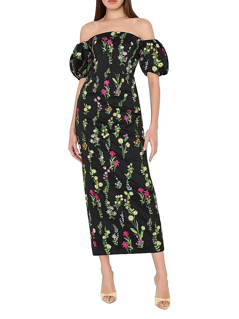 Nira Bloom Floral-Embroidered Off-The-Shoulder Maxi Dress