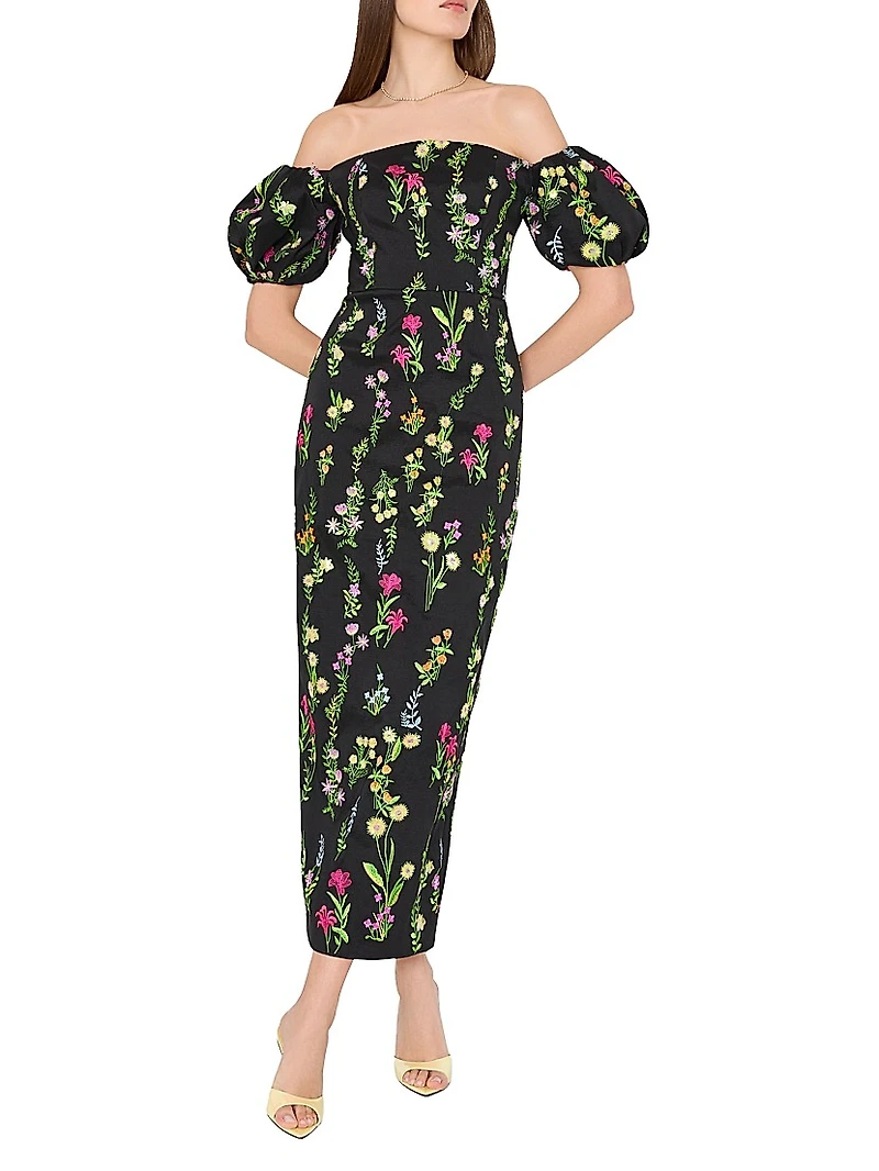 Nira Bloom Floral-Embroidered Off-The-Shoulder Maxi Dress