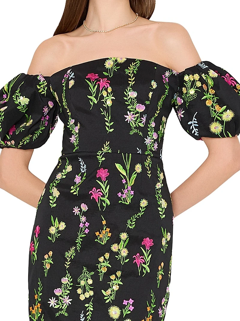 Nira Bloom Floral-Embroidered Off-The-Shoulder Maxi Dress