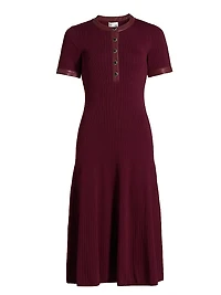 Faux Leather-Trimmed Henley Midi-Dress