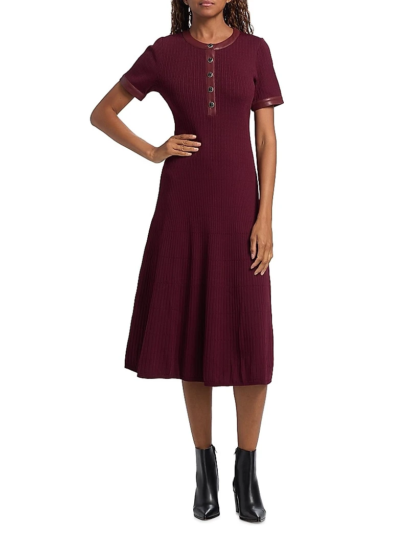 Faux Leather-Trimmed Henley Midi-Dress
