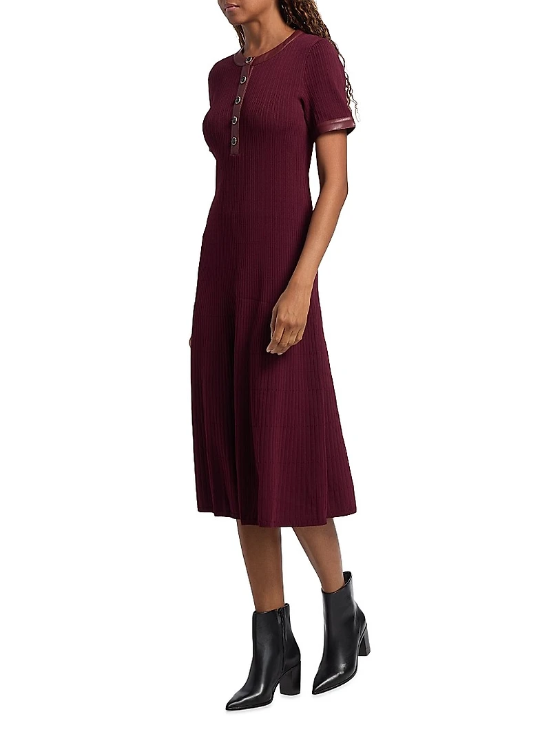 Faux Leather-Trimmed Henley Midi-Dress