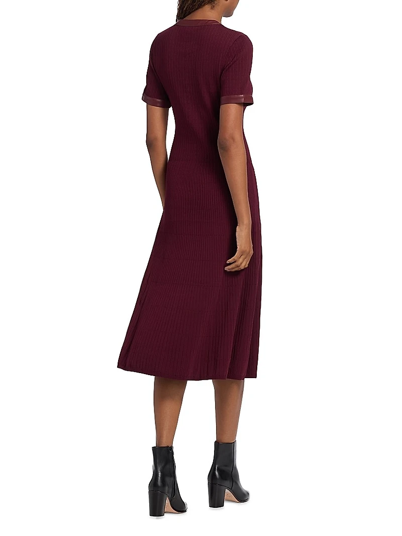 Faux Leather-Trimmed Henley Midi-Dress