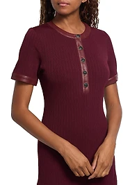 Faux Leather-Trimmed Henley Midi-Dress