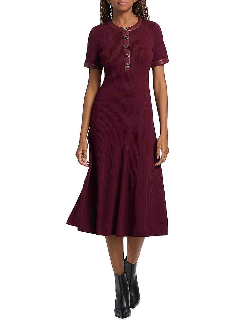 Faux Leather-Trimmed Henley Midi-Dress