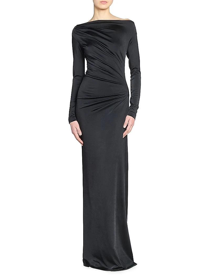 Draped Stretch-Satin Off-The-Shoulder Gown