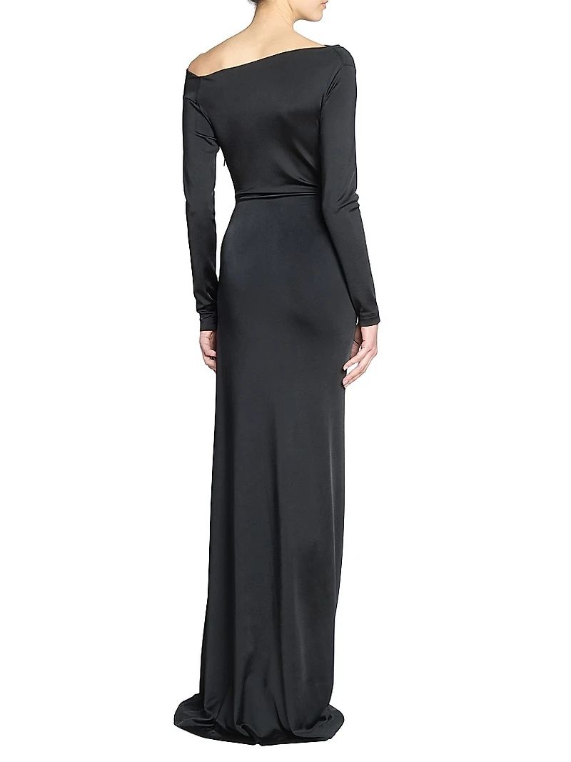 Draped Stretch-Satin Off-The-Shoulder Gown