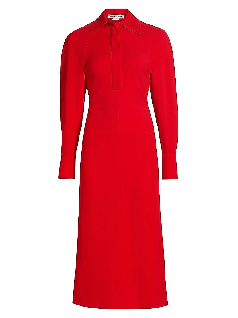 Collared Long-Sleeve Midi-Dress
