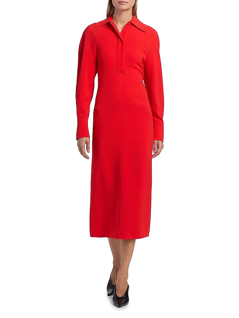 Collared Long-Sleeve Midi-Dress