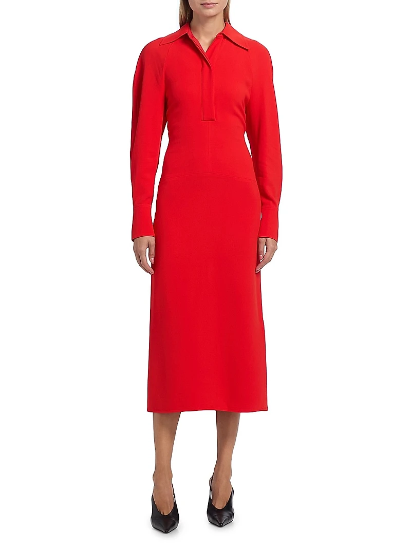 Collared Long-Sleeve Midi-Dress
