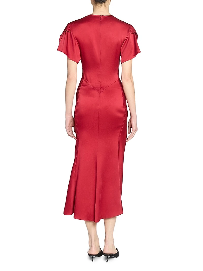Satin Gathered V-Neck Midi-Dress