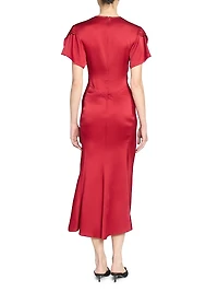 Satin Gathered V-Neck Midi-Dress