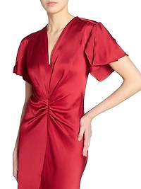 Satin Gathered V-Neck Midi-Dress