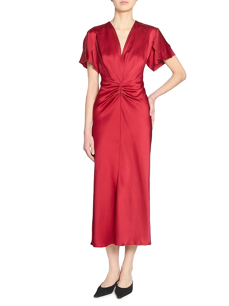 Satin Gathered V-Neck Midi-Dress