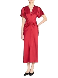 Satin Gathered V-Neck Midi-Dress