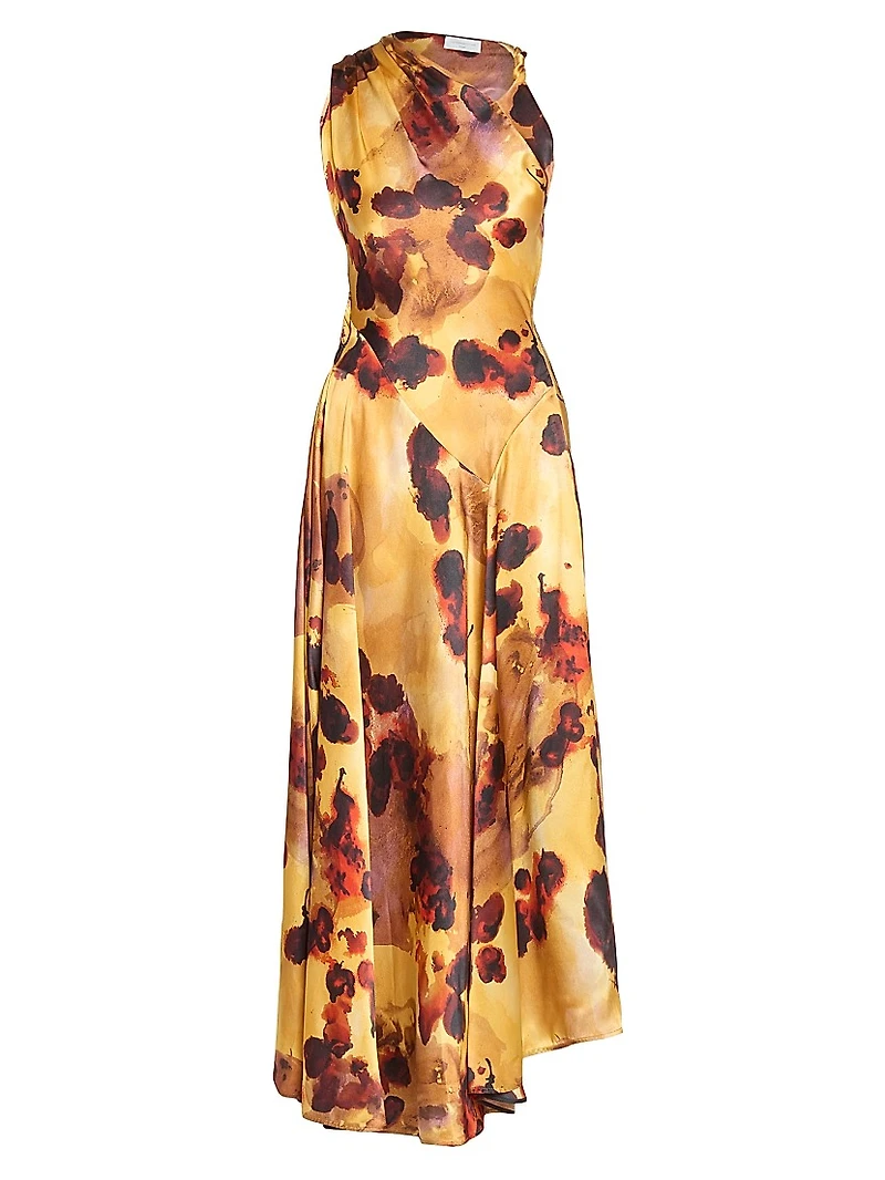 Floral Satin Asymmetric Sleeveless Maxi Dress