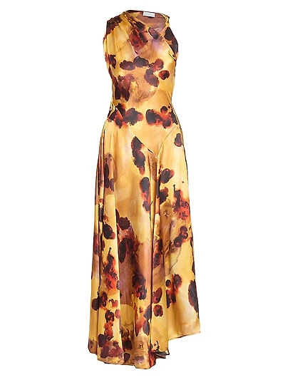 Floral Satin Asymmetric Sleeveless Maxi Dress