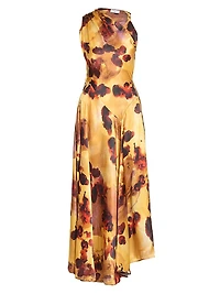 Floral Satin Asymmetric Sleeveless Maxi Dress