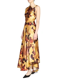 Floral Satin Asymmetric Sleeveless Maxi Dress