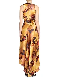 Floral Satin Asymmetric Sleeveless Maxi Dress