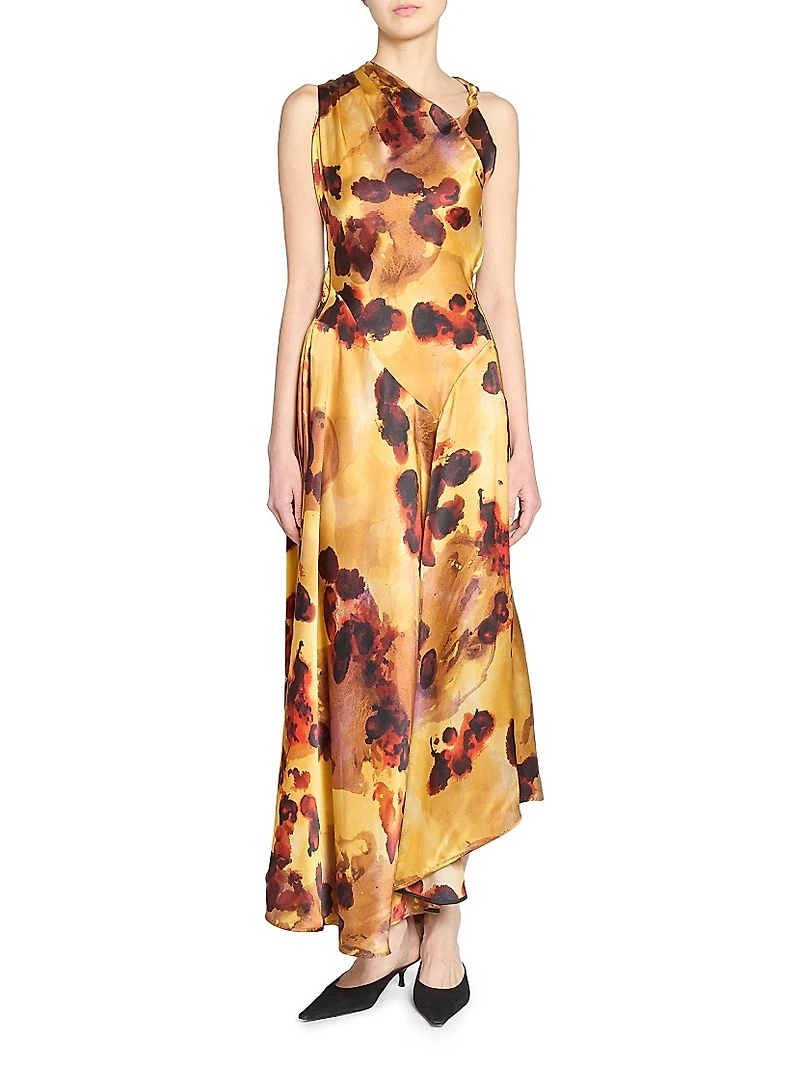 Floral Satin Asymmetric Sleeveless Maxi Dress