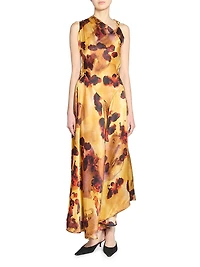Floral Satin Asymmetric Sleeveless Maxi Dress