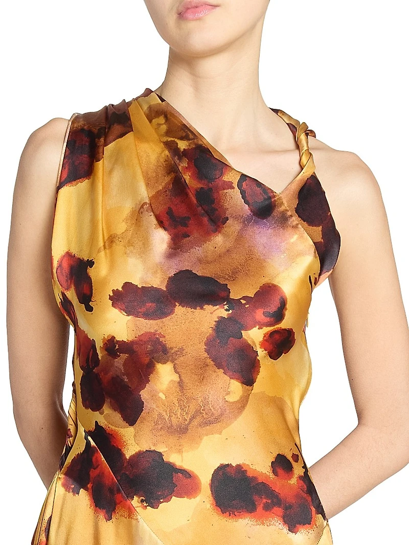 Floral Satin Asymmetric Sleeveless Maxi Dress