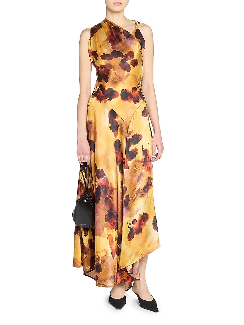 Floral Satin Asymmetric Sleeveless Maxi Dress