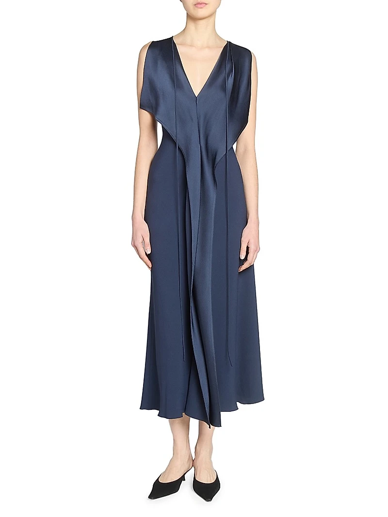 Draped Satin Sleeveless Midi-Dress