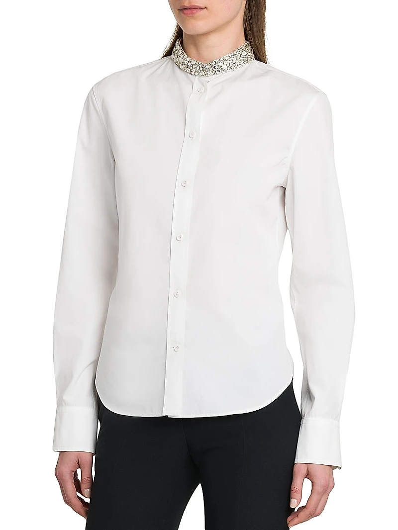 Beaded Collar Cotton Poplin Shirt