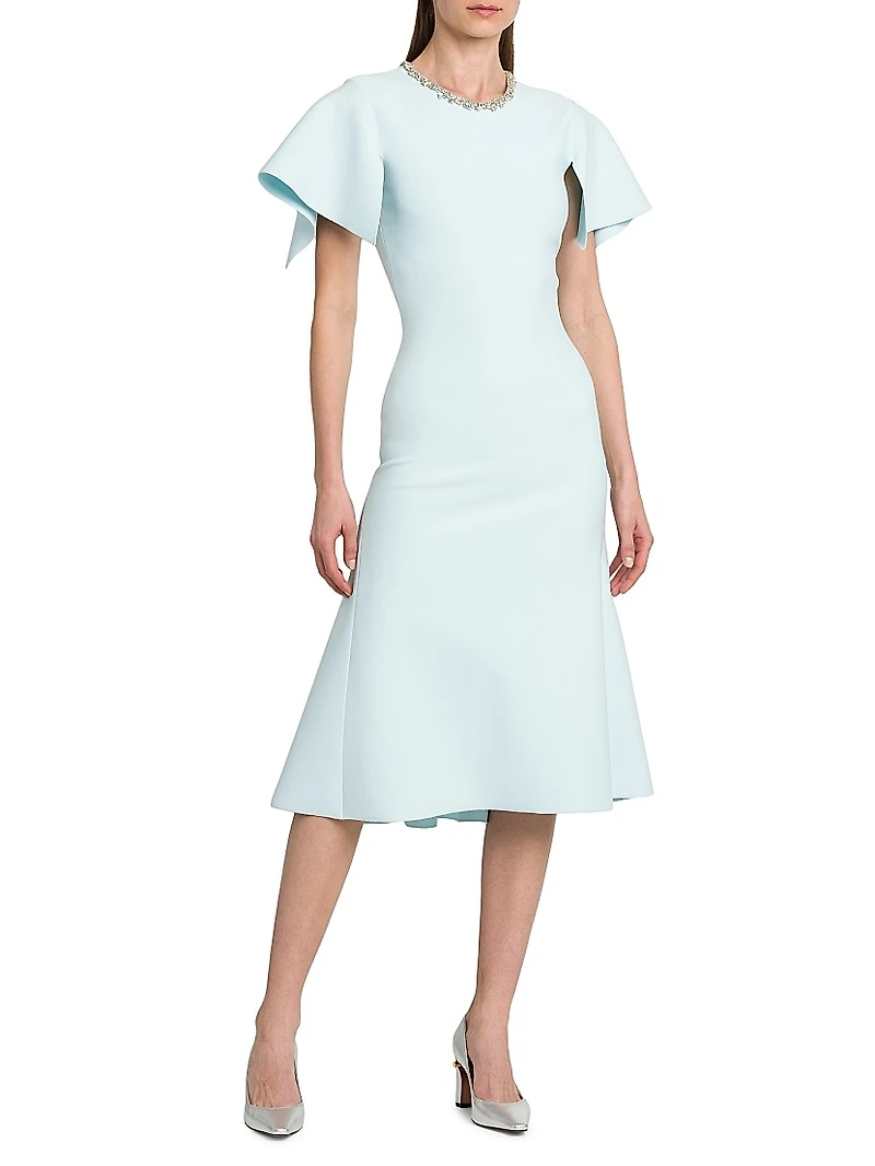 Embellished Flutter-Sleeve Midi-Dress