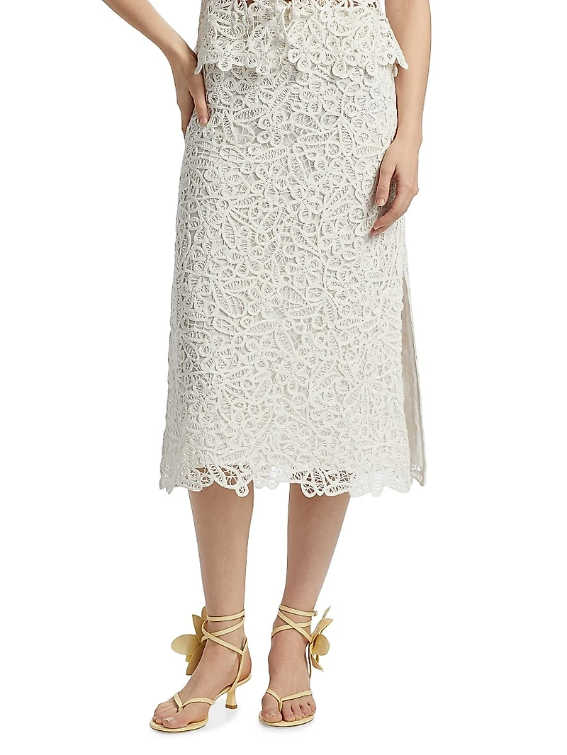 Lyla Soutache Floral Lace Cotton Midi-Skirt