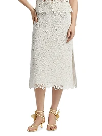 Lyla Soutache Floral Lace Cotton Midi-Skirt