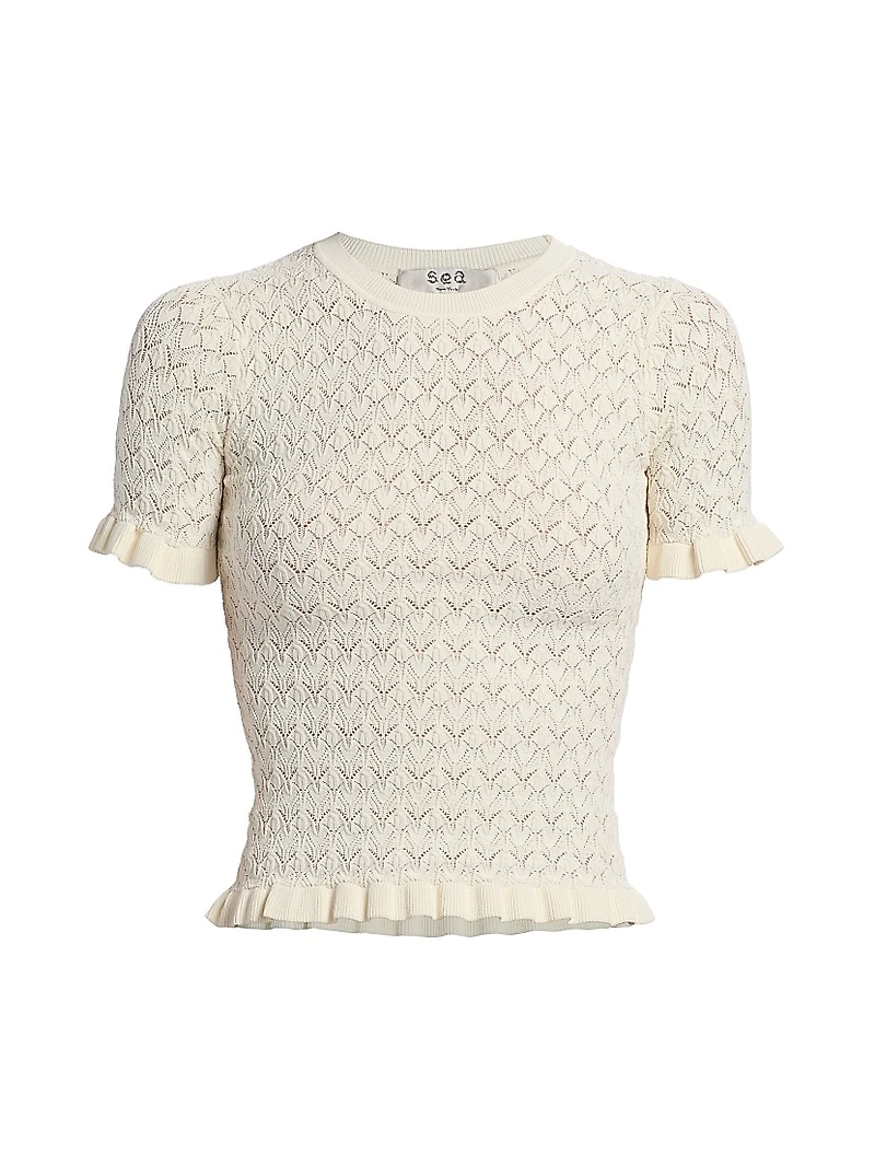 Rue Fine Gauge Pointelle Knit Short-Sleeve Sweater