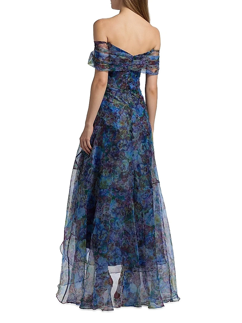 Alona Printed Organza Off-the-Shoulder Gown