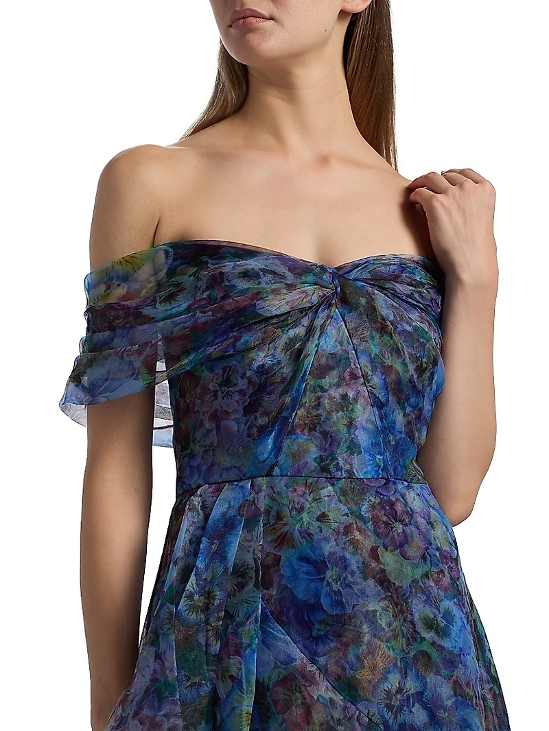 Alona Printed Organza Off-the-Shoulder Gown