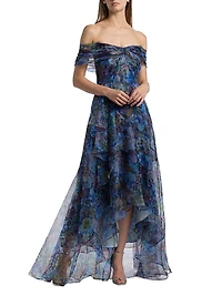 Alona Printed Organza Off-the-Shoulder Gown