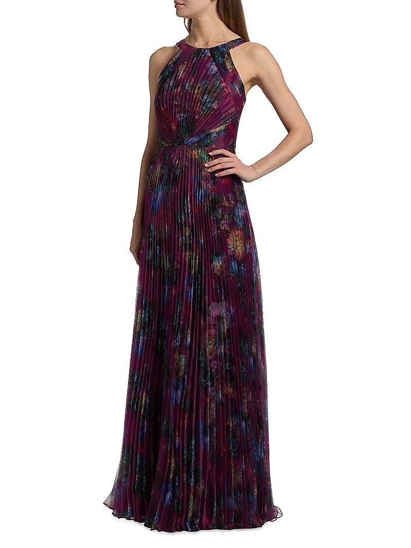 Naveen Pleated Organza Halter Gown