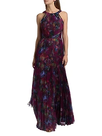 Naveen Pleated Organza Halter Gown