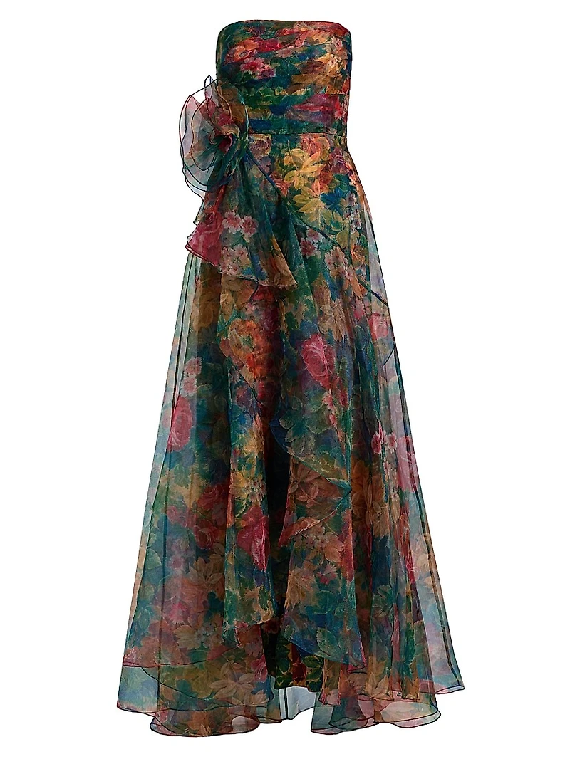 Leora Rosette Ruffled Bias-Cut Gown