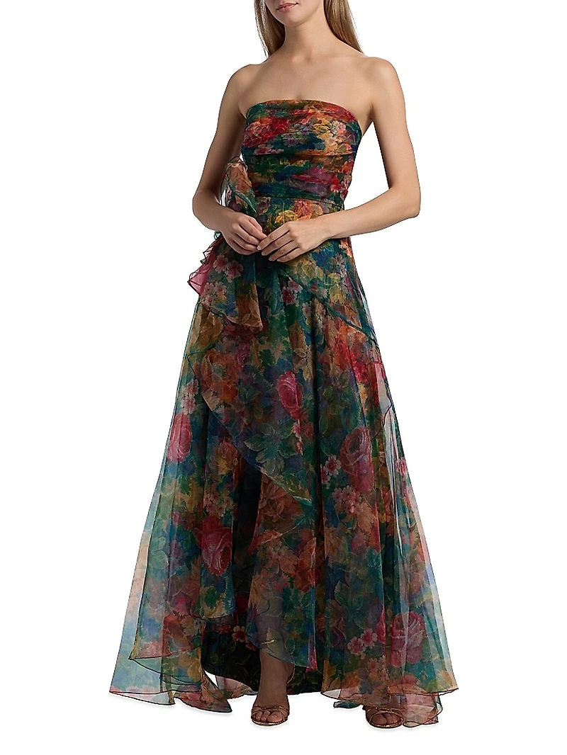 Leora Rosette Ruffled Bias-Cut Gown