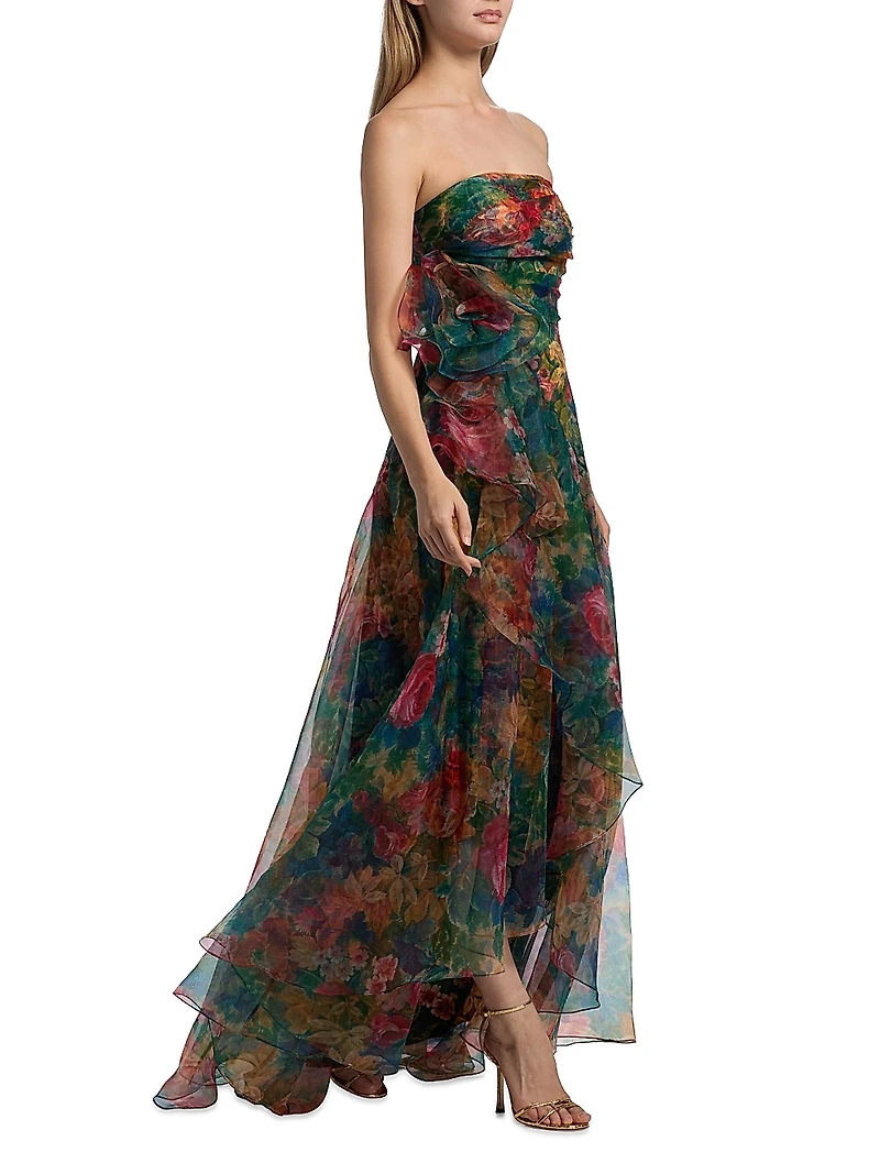 Leora Rosette Ruffled Bias-Cut Gown