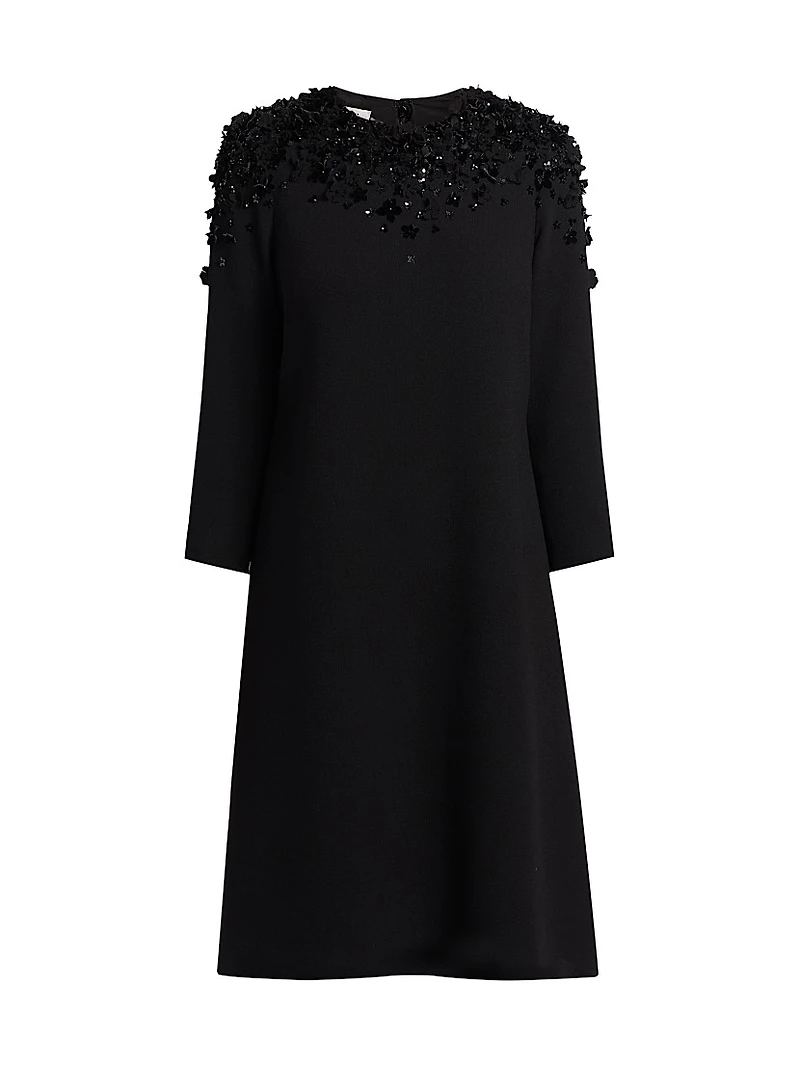 Floral Beaded Appliqué Crepe Cocktail Dress
