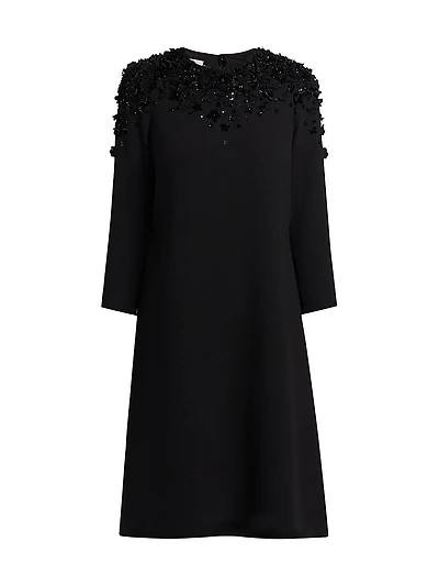 Floral Beaded Appliqué Crepe Cocktail Dress