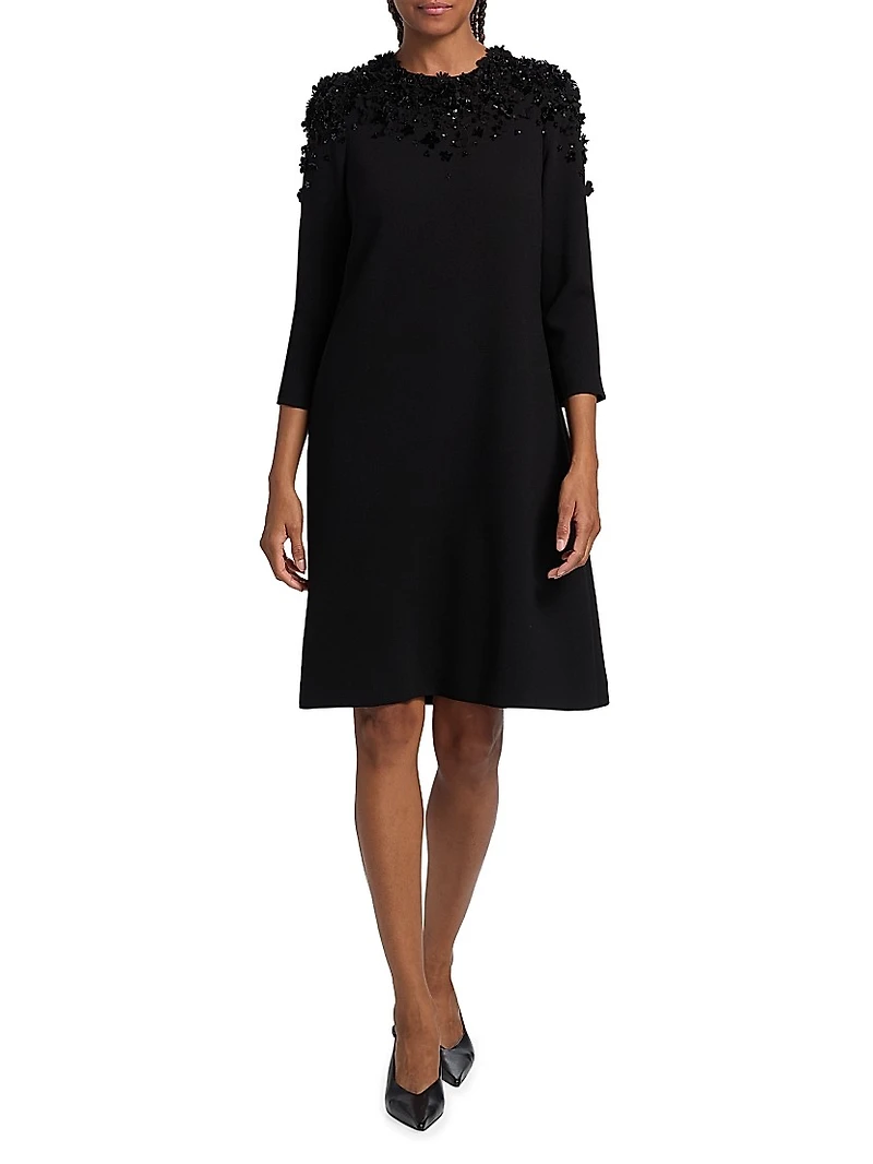 Floral Beaded Appliqué Crepe Cocktail Dress